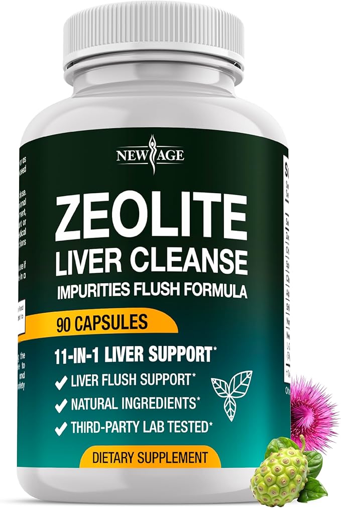 NEW AGE Liver Cleanse &amp Repair - Help Support Gut Health and Energy - Zeolite for Adults with Noni Glutathione NAC Chlorella Spirulina ALA Cilantro Milk Thistle &amp Shilajit - 60 Count
