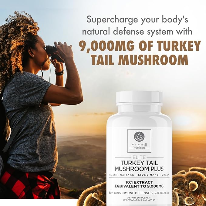 DR. EMIL NUTRITION Turkey Tail Mushroom Capsules - Turkey Tail Mushroom Supplement for Immunity &amp Gut Health - Elite Formula with Lion's Mane Chaga Reishi &amp Maitake