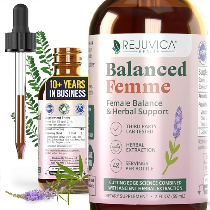 Rejuvica Health Balanced Femme - Advanced Female Balance Support Supplement - Liquid Delivery for Better Absorption - Vitex Dong Quai Black Cohosh Maca Wild Yam &amp More!