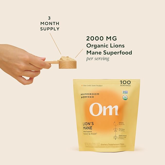 Om Lion’s Mane Mushroom Powder - Organic Mushroom Supplement and Nootropic - Support Memory Focus and Nerve Health 7.05 oz (100 Servings)