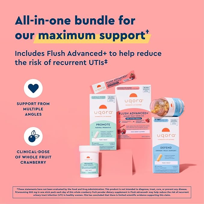 Uqora Flush Advanced+ Regimen with Flush Advanced+ (2 Pack) - Cranberry to Reduce Risk of Recurrent UTI** - Defend &amp Promote - D-Mannose Vitamin C Green Tea Extract &amp Probiotics - 3-Part Bun