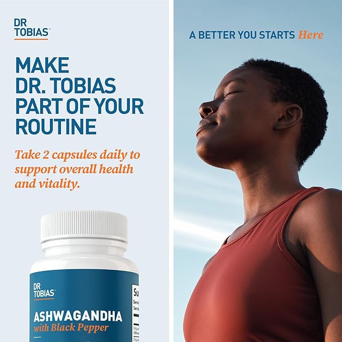 Dr. Tobias Ashwagandha Capsules - 1300mg Organic Ashwagandha Root Extract Per Serving with Black Pepper | Calming Adaptogen Energy &amp Focus Supplement (60 Vegetarian Capsules)