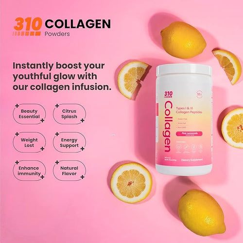 310 Nutrition Collagen Peptides for Women &amp Men - Hydrolyzed Grass-Fed Collagen with Hyaluronic Acid Resveratrol Vitamin C D E - Skin Hair Nail Joint Support - Pink Lemonade 30 Servings
