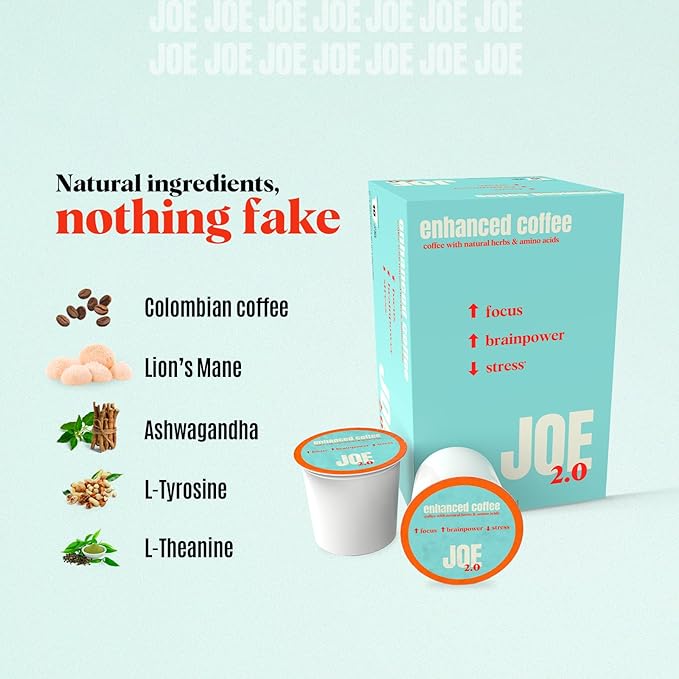 Joe 2.0 Nootropic Coffee Pods – Organic Medium Roast with Lion’s Mane Ashwagandha L-Tyrosine &amp L-Theanine | Focus Brainpower &amp Stress Support | Vegan Keto Eco-Friendly