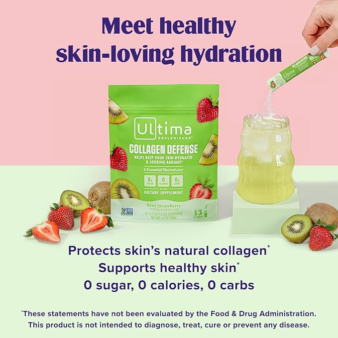 Ultima Replenisher Collagen Defense Supplement and Electrolytes Powder - Kiwi Strawberry 13 Stickpacks - Hydration Packets with Dermaval and Biotin that Keep Your Skin Hydrated and Looking Radiant
