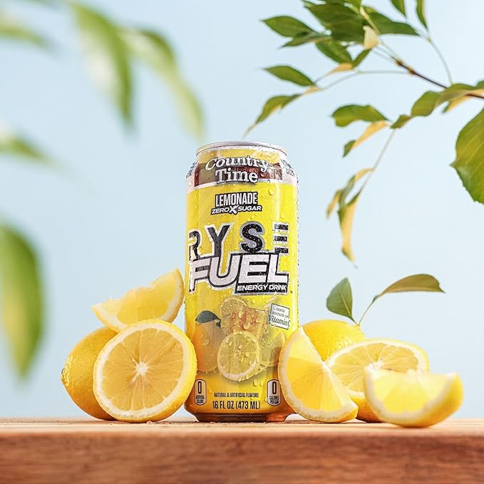 RYSE Fuel Energy Drink - Country Time Lemonade - Sugar Free Gluten Free &amp Vegan - 200mg Natural Caffeine Taurine &amp Choline for Focus &amp Energy - No Artificial Colors - 16 fl oz Cans (12-P