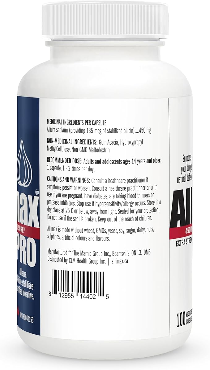Allimax Pro Practitioner Strength 450 mg Allicin from Garlic 100 Vegetarian Capsules (Vegicaps) Stabilized AlliSURE® Allicin Supports Normal Immune Function Non-GMO