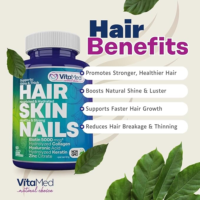 VitaMed Hair Skin &amp Nails – Biotin 5000 mcg Collagen OptiMSM Keratin Hyaluronic Acid &amp Silica | Supports Hair Growth Radiant Skin Strong Nails | Halal Non-GMO Gluten-Free – 60 Beauty