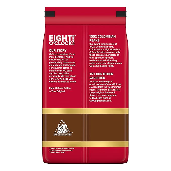 Eight O'Clock Coffee 100% Colombian Peaks Ground Coffee Medium Roast 20 Ounce (Pack of 1) - Rich Winey &amp Full Bodied