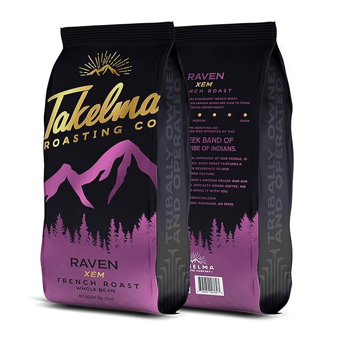Takelma Roasting Co. Ground Xem Raven French Roast Bold and Intense Flavor Notes of Dark Chocolate100% Arabica Beans For Espresso and Drip Coffee Makers 2 lbs.