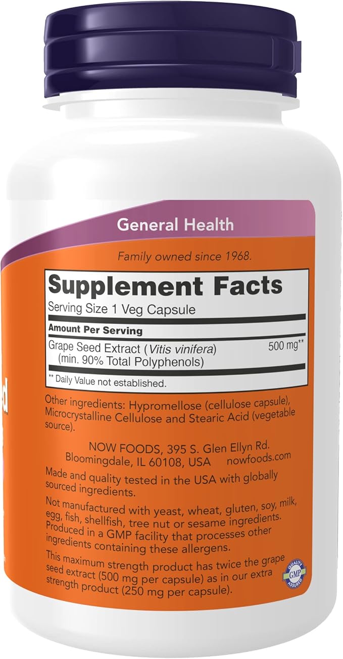 NOW Supplements Grape Seed Extract Maximum Strength 500 mg (a Highly Concentrated Extract with a Minimum of 90% Polyphenols) 90 Veg Capsules Red/Brown 0.25 pounds (Pack of 2)