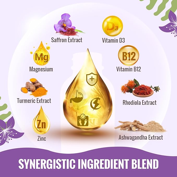 Resciency Liposomal Saffron Supplements Drops 88.5mg – High Bioavailability Liquid Saffron Extract for Mood Support Energy Focus &amp Vision with Ashwagandha Magnesium Zinc B12 &amp D3 2 fl oz