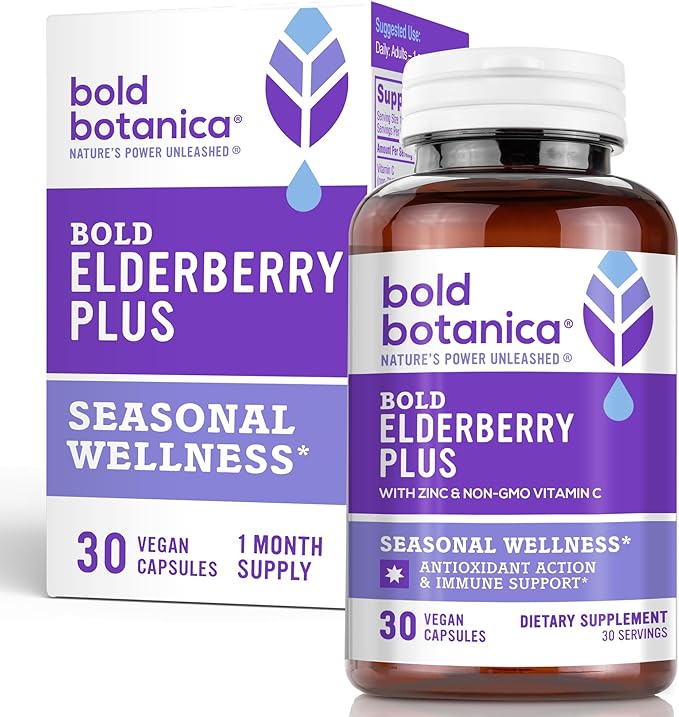 Bold Botanica Elderberry Plus – 65x Concentrated Black Elderberry Capsules with Vitamin C and Zinc for Adults for Daily Immune Support Supplement &amp Seasonal Wellness Non-GMO – 30 Vegan Capsules
