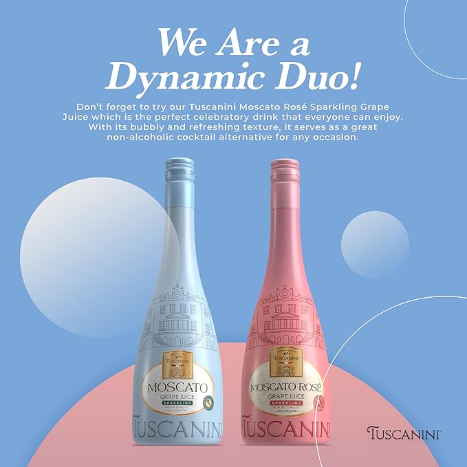 Tuscanini Sparkling Moscato Grape Juice 25.3oz (2 Pack) | Non Alcoholic Italian Moscato | Elegant Champagne Bottle | Imported from Italy | Great for Cocktails | Kosher