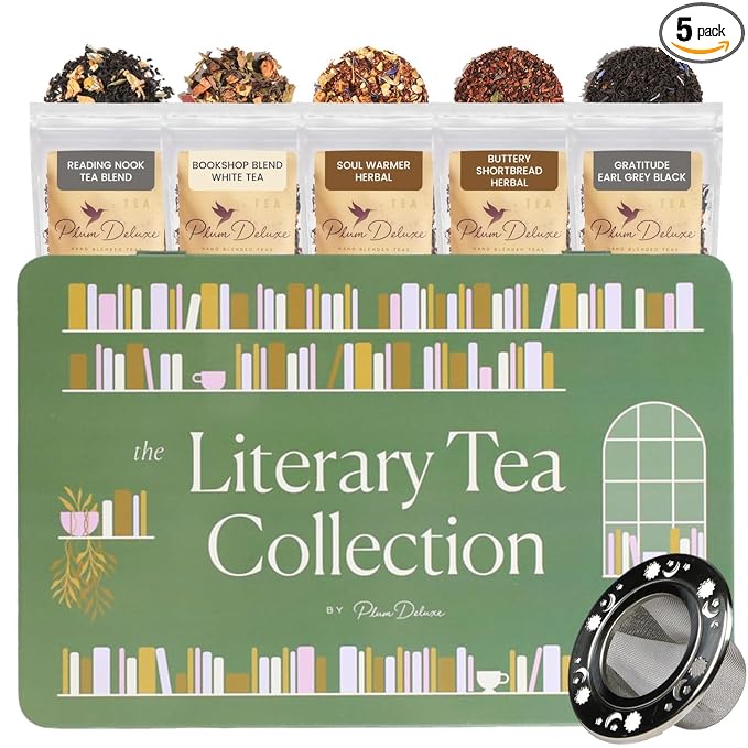 Literary Tea Collection Assorted Tea Gift Set - Hand-Crafted Loose Leaf Teas Presentation Gift Box with Loose Leaf Steeper Included - Mixed Caffeine - 5 Unique and Flavorful Teas 75+ Cups