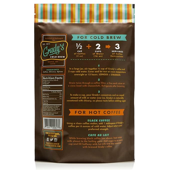 GRADY'S COLD BREW New Orleans Style 100% Arabica Medium Dark Roast Coffee &amp Chicory Ground for Hot Coffee and Cold Brew One pound bag