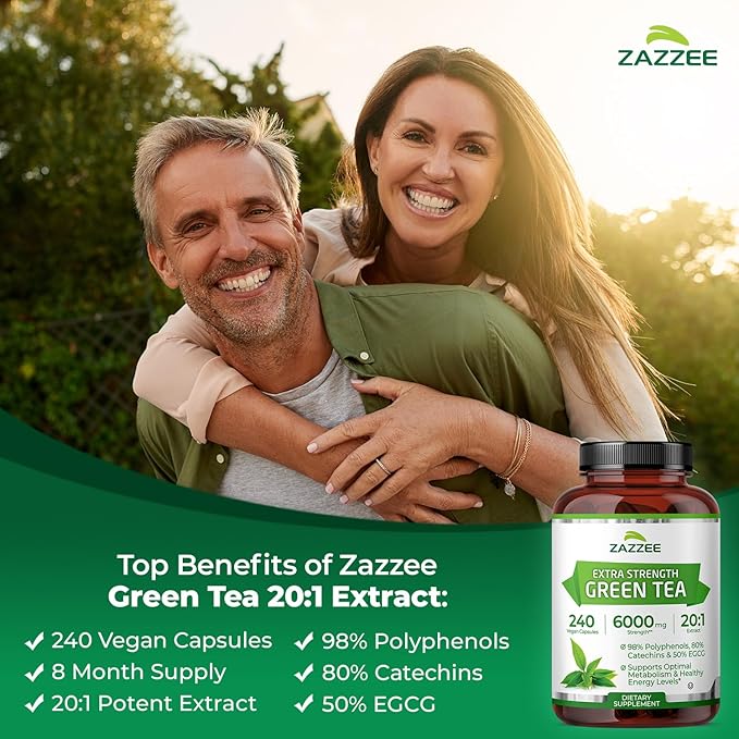 Zazzee Extra Strength Green Tea 20:1 Extract 50% EGCG 98% Polyphenols 80% Catechins 240 Vegan Capsules 8 Month Supply Certified Kosher Antioxidant &amp Metabolism Support Non-GMO Made in the