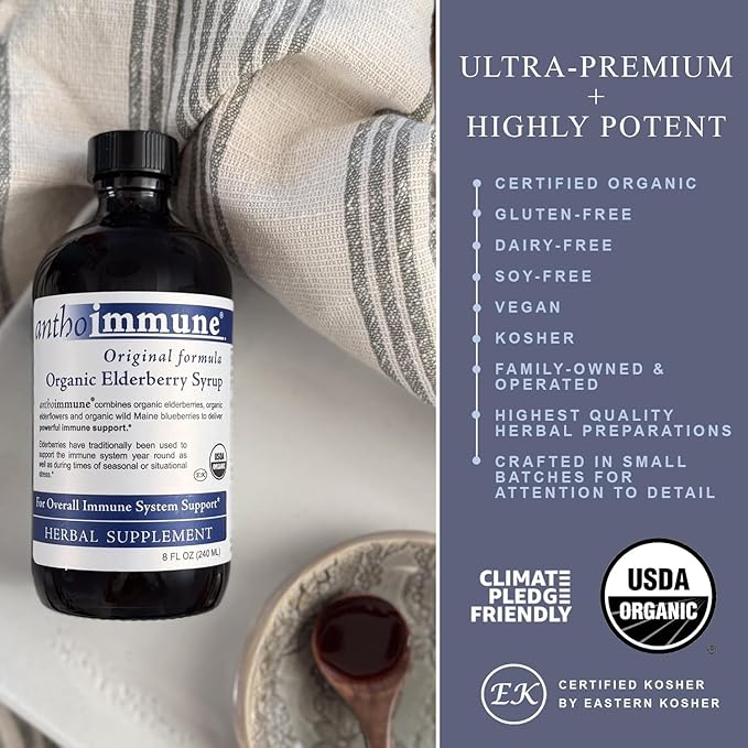 Organic Elderberry Syrup - Anthoimmune - Immune Support Supplement for Adults and Kids- USDA Organic Ultra-Premium Black Elderberry Formula (4 oz) 24 Servings