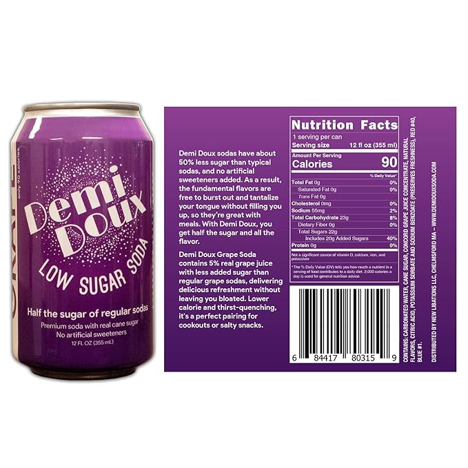 Demi Doux Low Sugar Soda - Low Sugar Soft Drink No Artificial Sweeteners (Grape 12-pack)