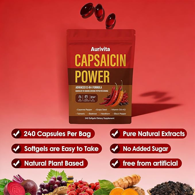 Capsaicin Power Capsaicin Softgels Cayenne Pepper &amp Beetroot Extracts with Vitamin D3+k2 240 Softgels (2 pcs)