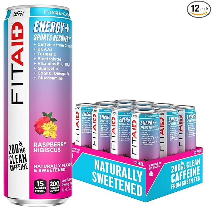 FITAID ENERGY 200mg Natural Caffeine Keto Raspberry Hibiscus Optimum Performance Formula: BCAAs Quercetin Electrolytes Omega-3s 15 calories Paleo Vegan &amp GlutenFree 12 Fl Oz (Pack of 12
