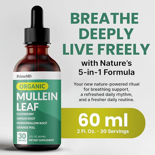 5-in-1 Mullein Drops for Lungs and Bronchial - Respiratory Lung Health Support with Mullen Leaf Extract for Lungs - Mullein Tincture with Elderberry Echinacea and Ginger Root (60 Servings) (2-pack)