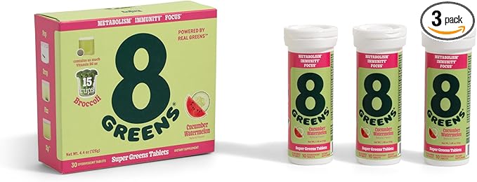 8Greens Supergreens Tablets | Superfood Tablet for Metabolism Immunity &amp Focus Daily Effervescent Tablets Organic: Aloe Vera Spirulina Chlorella Cucumber Watermelon 30 Servings