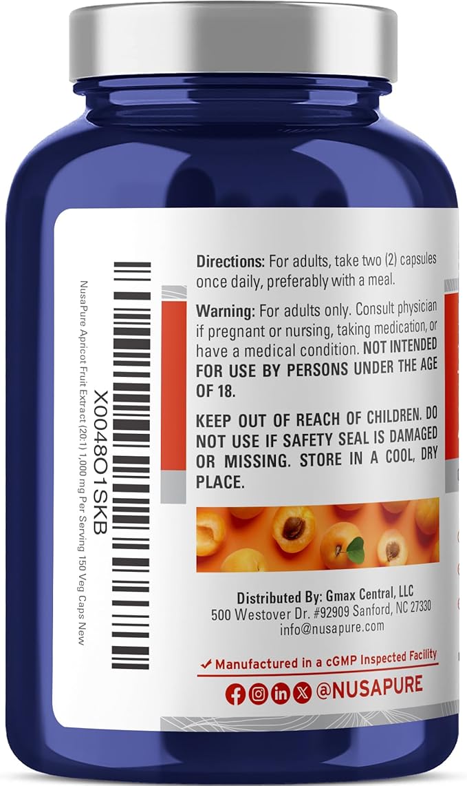 NusaPure Apricot 20:1 Extract 1000 mg Equivalent to 20000mg 150 Veggie Capsules (Vegan Non-GMO)