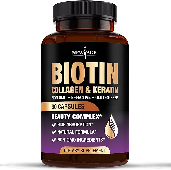 NEW AGE Biotin Collagen Keratin Hyaluronic Acid - 50000mcg Hair Growth Vitamins for Men and Women Nails Hair Skin Vitamins and DHT Blocker with Vitamin E Folic Acid Pumpkin Seed MSM - 90 Count