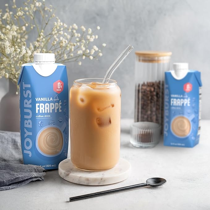 Joyburst Coffee Frappe Vanilla Flavor Ready-to-Drink Iced Coffee Beverage 0g Sugar 3g Carbs 50 Calories 9g Protein Non-GMO 12 Pack (325 mL Bottles)