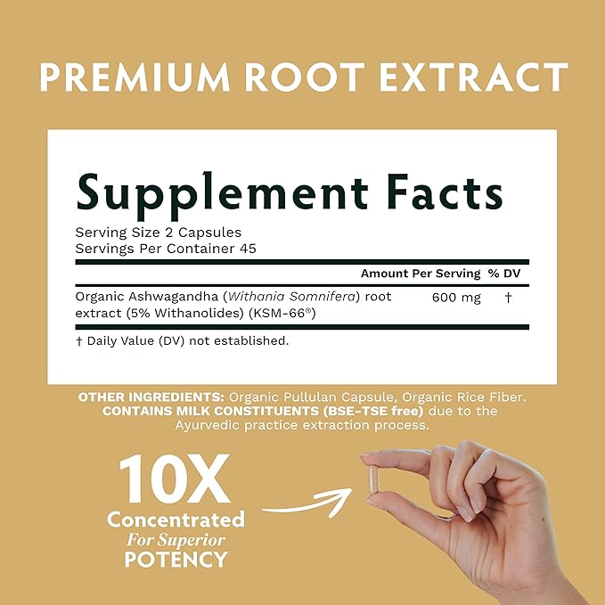 TRIBE ORGANICS Ashwagandha KSM 66 Pure Organic Root Powder Extract Ayurvedic Supplement - Focus Mood Support Increase Energy Strength 600mg of Natural KSM66 for Superior Absorption - 120 Capsules