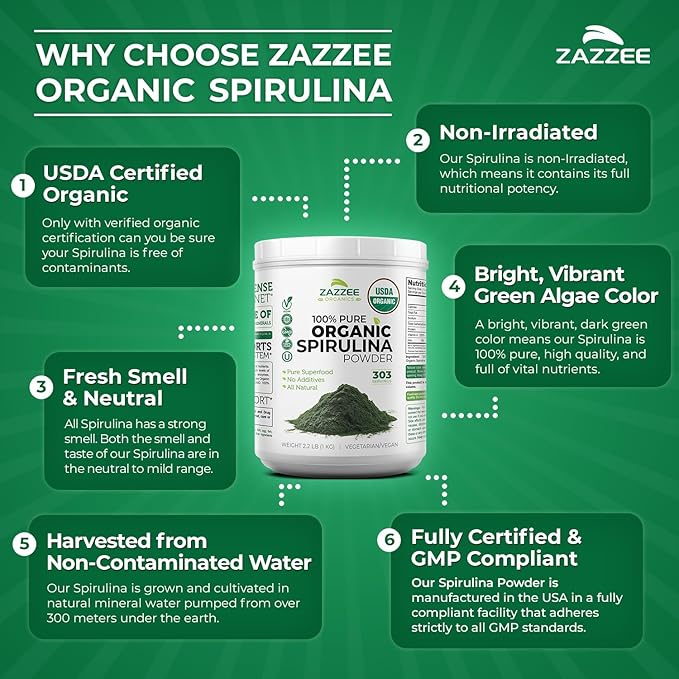 Zazzee USDA Organic Spirulina Powder 2.2 Pounds (1 KG) 303 Servings Certified Kosher 100% Pure Non-Irradiated Mess-Free Wide Mouth Container Fresh Smell and Neutral Taste Non-GMO Made in USA