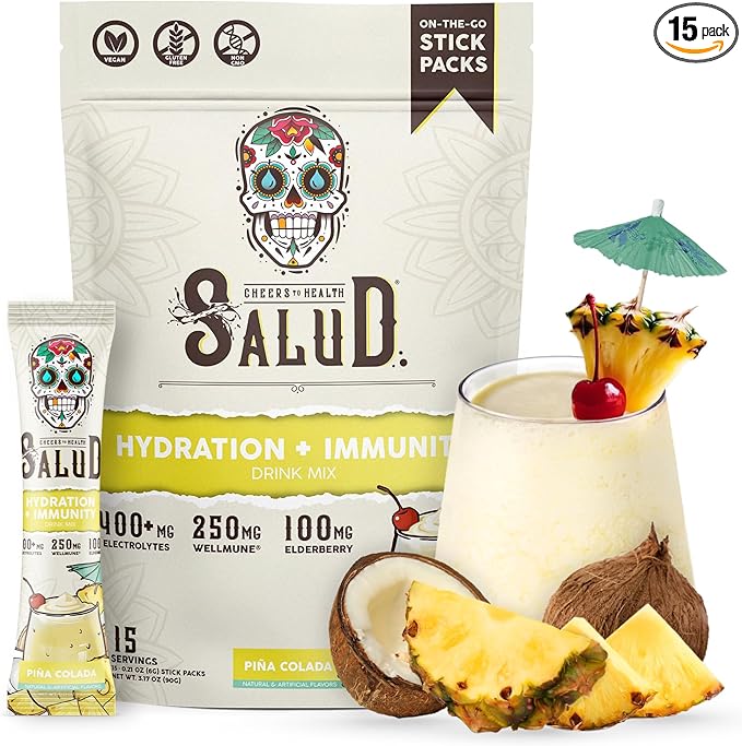 Salud 2-in-1 Hydration Packets + Immunity Electrolytes Powder Piña Colada - Agua Fresca Drink Mix Elderberry Dairy &amp Soy Free Non-GMO Gluten Free Vegan Low Calorie 1g Sugar (15 Servings)