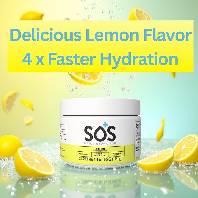 SOS Hydration Electrolyte Powder Drink Mix – Lemon 31 Servings | Low Sugar Electrolytes 15 Cal | Keto Hydration Powder for Rapid Rehydration