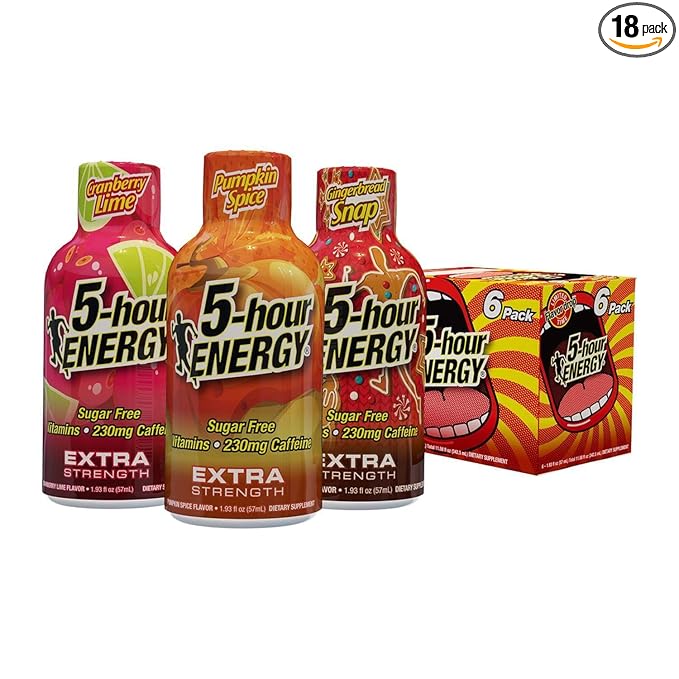 5-hour ENERGY Extra Strength Holiday Flavors Variety Pack1.93 Fl Oz (18 Count) Pumpkin Spice Cranberry Lime Gingerbread Snap