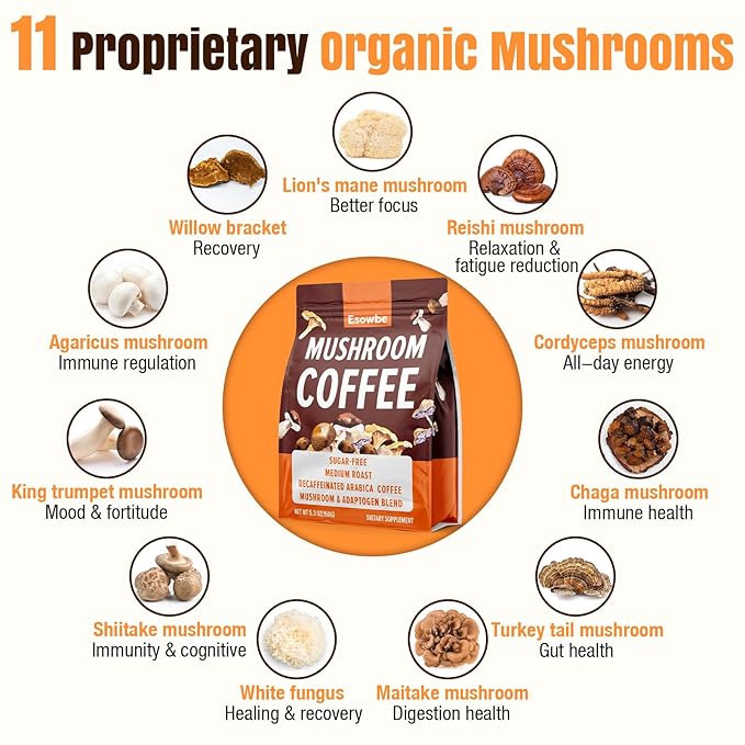 Mushroom Coffee 23 IN 1 Instant Mushroom Coffee - Zero Sugar with 100% Fruiting Lion's Mane Chaga Cordyceps Reishi Ashwagandha Decaf Arabica for Focus Energy Gut Digestion Immunity 5.3 oz