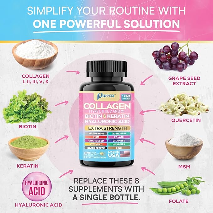 Collagen Peptides Types I II III V &amp X MCG Biotin Keratin Hyaluronic Acid MSM Zinc Grape Seed Extract Quercetin Vitamin A Vitamin C Vitamin E Magnesium Folic Acid (270 Capsules)