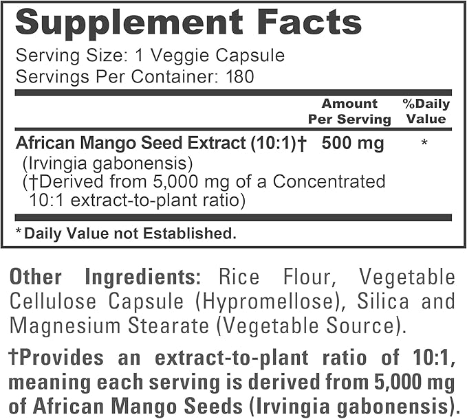 NusaPure African Mango 10:1 Extract 500 mg Equivalent to 5000 mg per Veggie Caps 180 Capsules (Non-GMO Vegan)