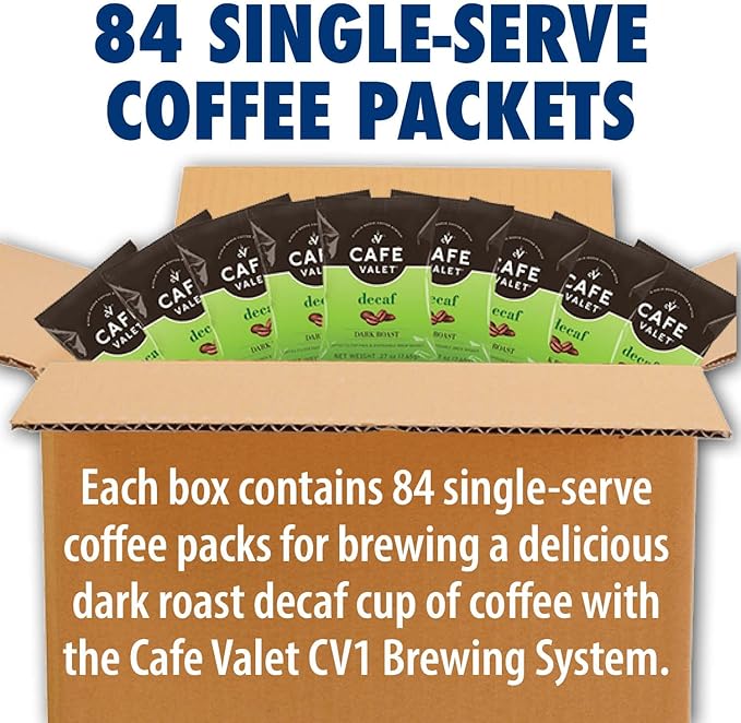 Café Valet DECAF Dark Roast Single Serve Coffee Packets – 84 Count – For Use with Café Valet Single Serve Cofee Makers – Disposable Brew Basket &amp Cofee Pack