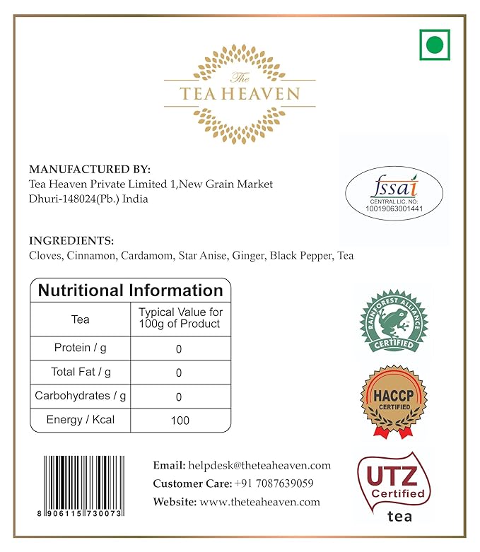 The Tea Heaven Masala Chai Tea Indian Loose Leaf Chai Tea with Whole Spices Spiced Green Tea for Hot or Cold Brewing 150 Grams (5.2 oz)
