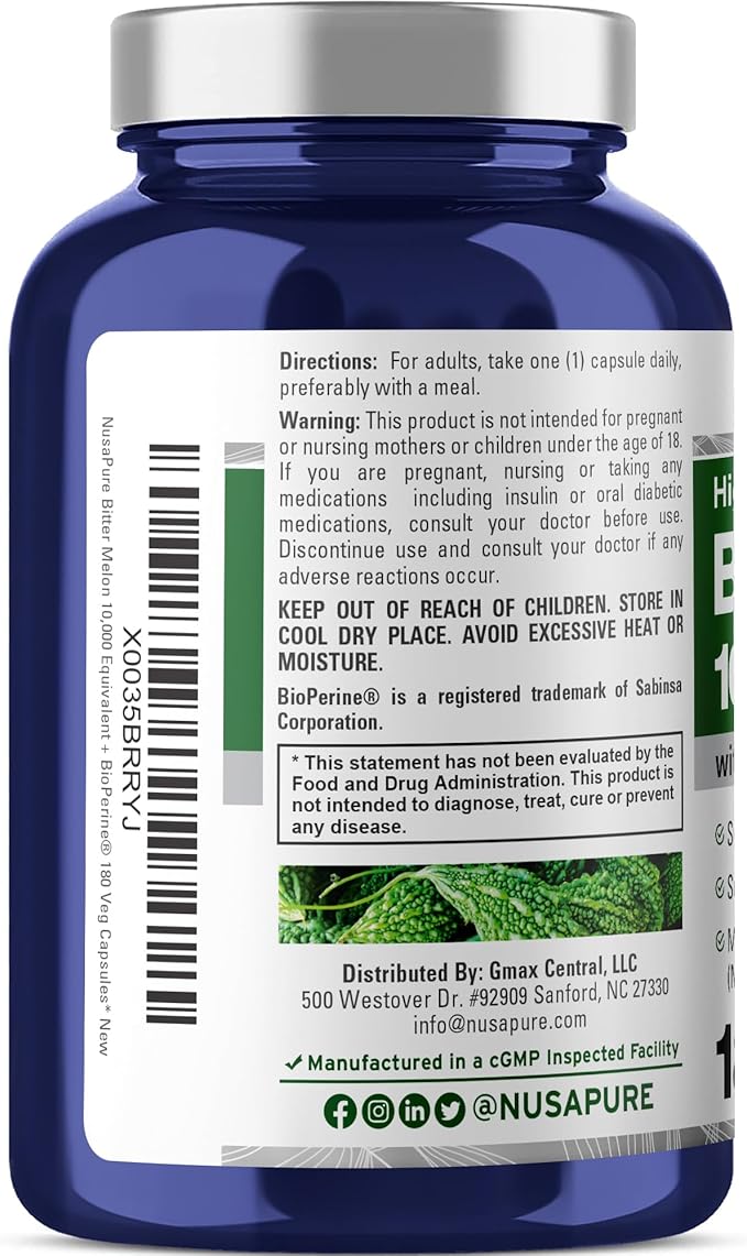 NusaPure Bitter Melon Extract 10000 mg 180 Vegan Caps (100% Vegetarian Non-GMO Gluten-Free 10% Bitter Principles) Bioperine