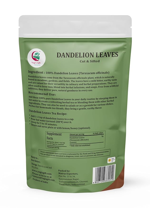 Dandelion Leaves Cut And Sifted 1 LB100% Natural &amp Pure Ideal for Dandelion Tea Herbal Blends &amp Wellness Uses 1 LB Bulk Pack Resealable Bag for Freshness - By Yogi’s Gift®