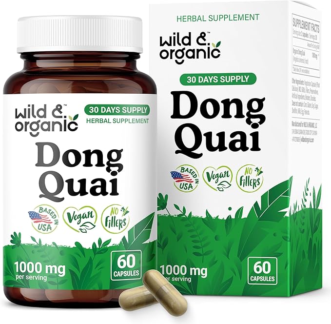 Wild &amp Organic Dong Quai Capsules 1000 mg - Menopause Supplements for Women - Dong Quai Root Supplement - 30-Day Supply - Traditional Angelica Sinensis Herb - Non-GMO Vegan - 60 Count