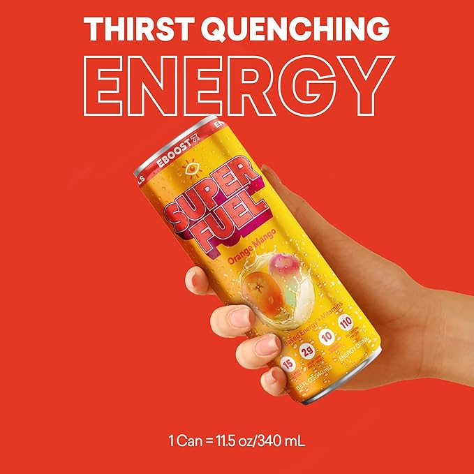 EBOOST SUPER FUEL Healthy Energy Drink - Orange Mango: 12 Healthy Energy Drinks - Focus &amp Productivity - 110 mg Caffeine + Nootropics &amp Electrolytes - No Sucralose Taurine Artificial Flavor