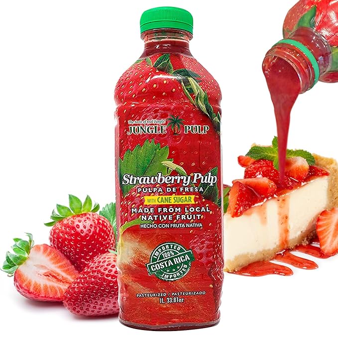 Jungle Pulp Strawberry Puree Costa Rica Blend Topping Flavoring Better than Syrup Mix for Cocktails Smoothies Daiquiri Margarita Tea Desserts Ice Cream and Juice. 33.8oz/1 Liter