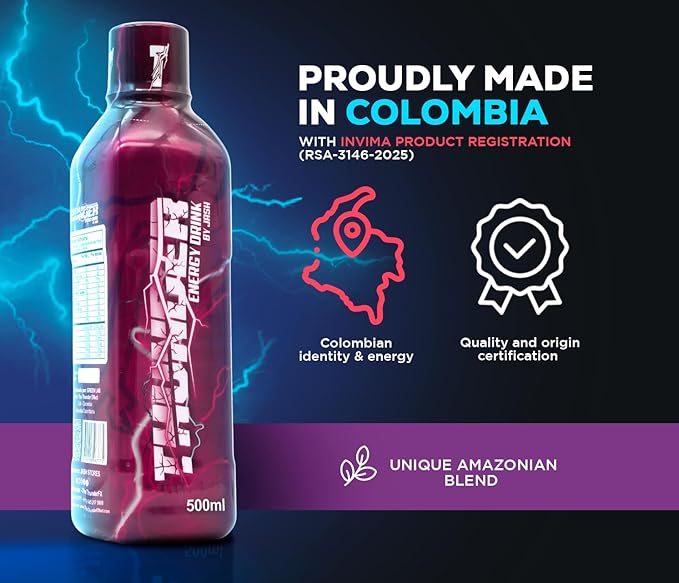 THUNDER Energy Drink by JASH – 500 ml Tropical Botanical Beverage with Guaraná Green Tea Chontaduro &amp Borojó – For Active Lifestyles
