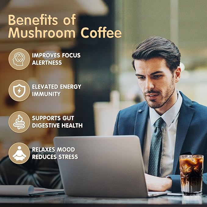 Mushroom Coffee 6 Adaptogenic Mushrooms with Lion's Mane Cordyceps Turkey Tail &amp More Instant Mushroom Coffee for Focus Energy Immune &amp Digestion Support