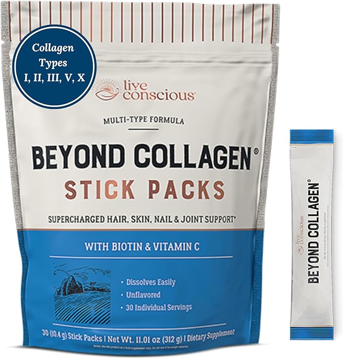 Live Conscious Beyond Collagen Peptides Powder Unflavored Packets - Hydrolyzed Collagen Powder - Hair Skin Nail &amp Joint Support - Multi Type Collagen Supplements for Women &amp Men