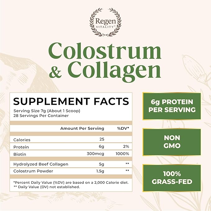 Grass-Fed Colostrum &amp Collagen Powder | Gut Health Hair Skin &amp Joint Support | New Zealand Bovine Colostrum Hydrolyzed Collagen Peptides 300mcg Biotin | Vanilla Bean | 28 Servings