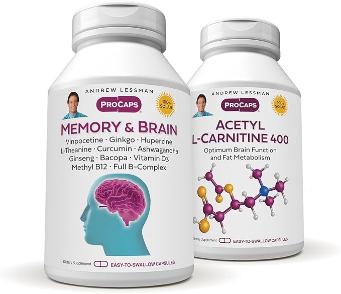 ANDREW LESSMAN Memory &amp Brain + Acetyl L-Carnitine Kit: 180 + 180 Capsules – Naturally Supports Brain Memory and Mental Acuity. with Ginkgo Biloba Bacopa Curcumin Ginseng B-Complex Vitamin D